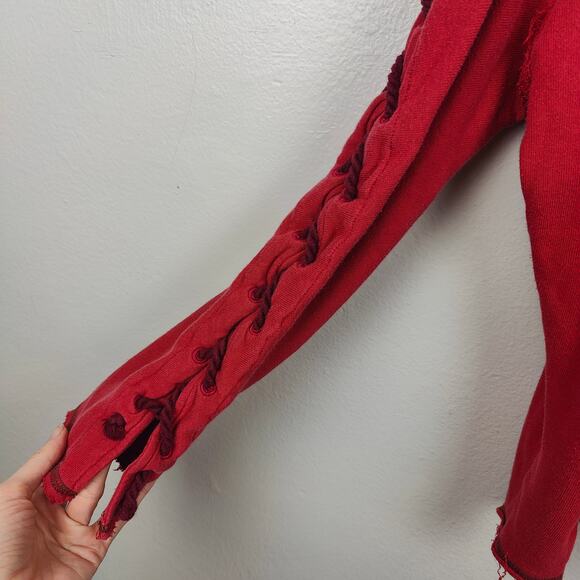 Free People Lace Up Sweatshirt Womens Small Red Stitched Top Distressed Boho - Picture 3 of 9